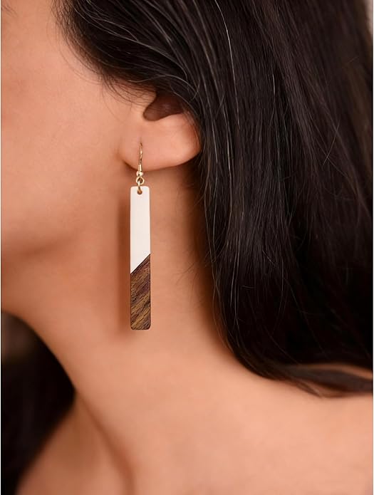 Bar Necklace Earrings for Women 16K Gold Plated Trendy Geometric Jewelry Set Boho Lightweight Wooden Resin Bar Pendant Necklace Dangle Earring Set,Gift for Her,Mom,Wife