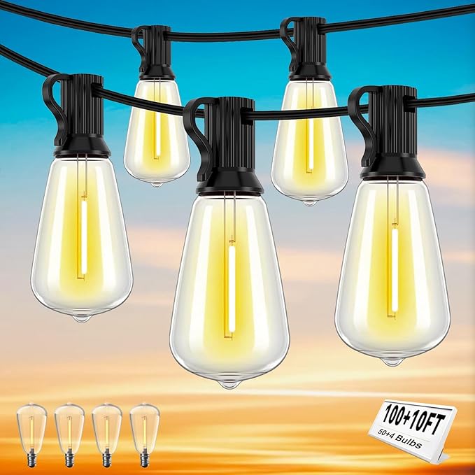 100+10FT LED Outdoor String Lights, Patio Deck Lights with 50+4 Shatterproof ST38 Edison Bulbs, Dimmable Warm White Waterproof Outside Hanging Lights Connectable for Backyard Porch Garden