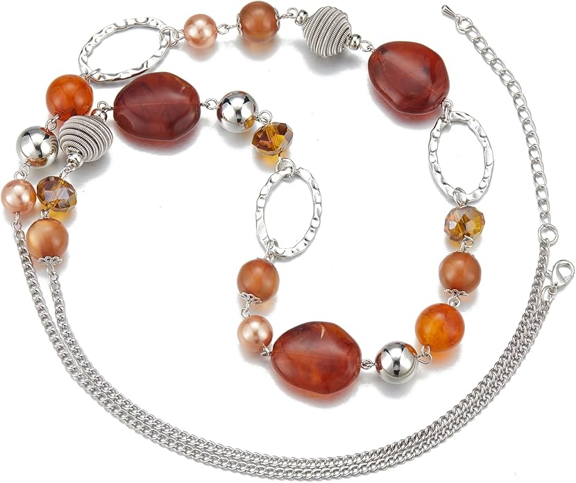 BULINLIN Beaded Long Necklace for Women Silver Sweater Chain Necklace with Crystal Resin Beads, Fashion Jewelry Necklace