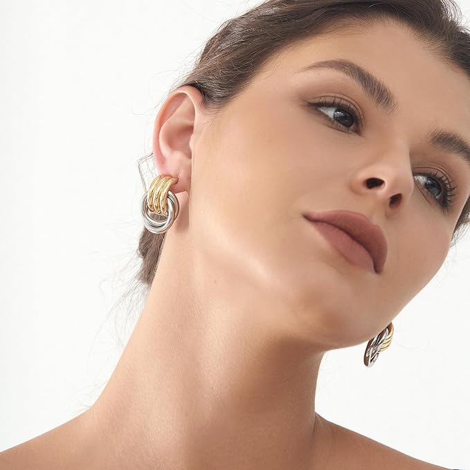 Mixed Color Plated Chunky Knot Link L Size Earrings for Women Geometric Drop Dangle Earrings Studs for Women