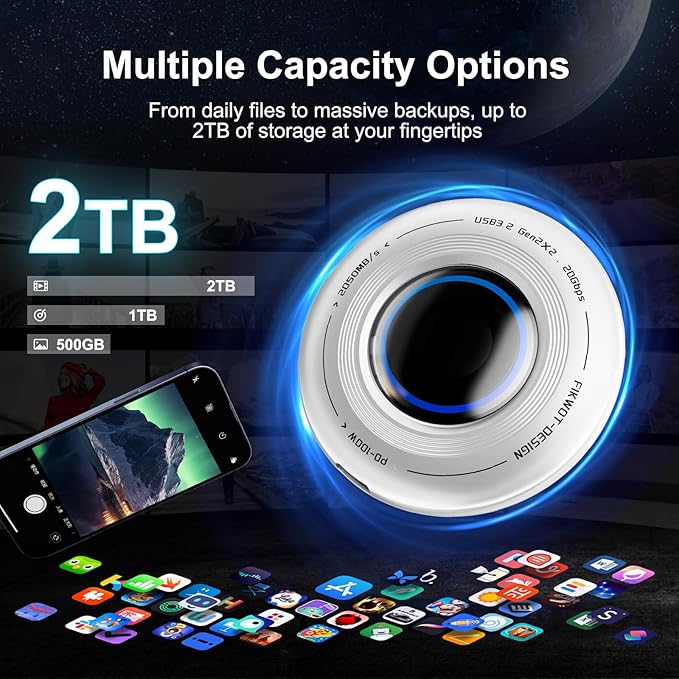 FP108 2TB Magnetic Portable SSD, External Solid State Drives with PD-100W and 2050MB/s USB-C 3.2 Gen 2x2, Play While Charging, Compatible with iPhone 16/15 Pro Max, Android, PC, Mac, Switch Lite
