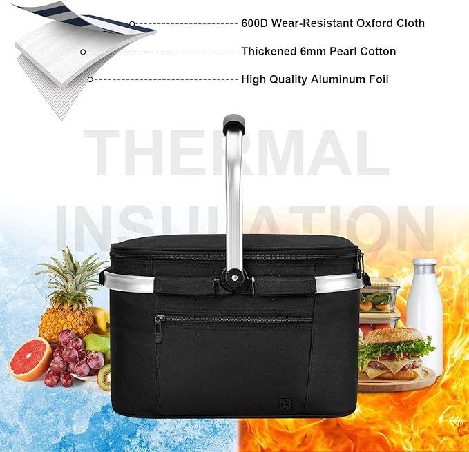 ALLCAMP Picnic Basket - Insulated Cooler, Thickening Foldable Picnic Basket with Removable Baskets & Sewn-in Frame, Basket for House Warming Gifts New Home(Jet Black)