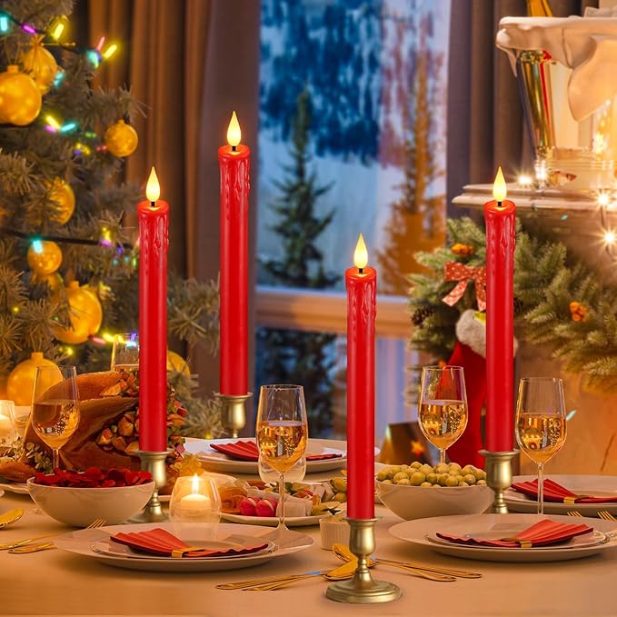 OCATO Flameless Candles with Remote Timer: 8 Pcs Battery Operated Window Candles 9.6" Real Wax LED Flickering Flameless Taper Candles 3D Wick Lights Halloween Christmas Wedding Party Decorations Red
