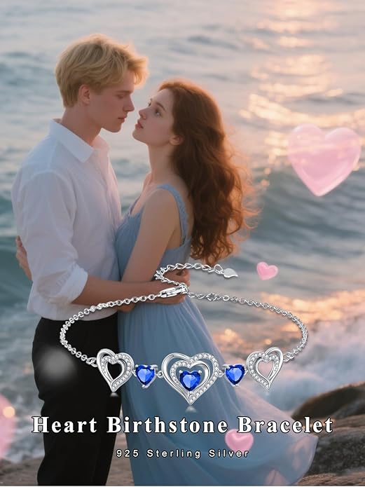 Birthstone Charm Link Bracelet 925 Sterling Silver Rose/Heart/Mom Bracelet with 12 Months Birthstone Mother's Day Gift Jewelry Gifts for Women,Chain Length 7"+2" Extend
