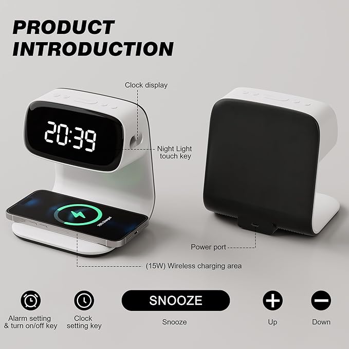 Digital Alarm Clock with Wireless Fast Charging Station 15W Touch Smart Lamp for Bedside,3 Colors Nightlight Adjustment Night Lamp for Living Room,Bedside,Heavy Sleepers (White-01-Adapter)