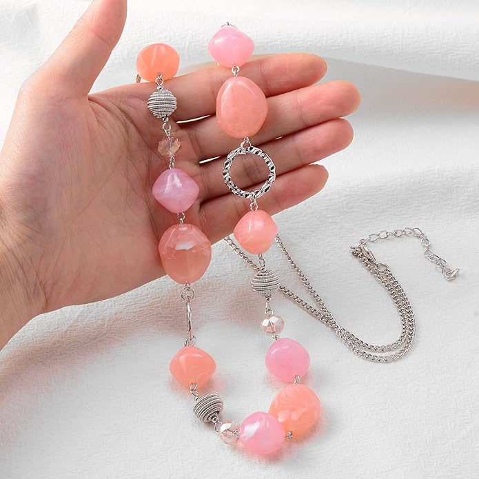 BULINLIN Beaded Long Necklace for Women Silver Sweater Chain Necklace with Crystal Resin Beads, Fashion Jewelry Necklace