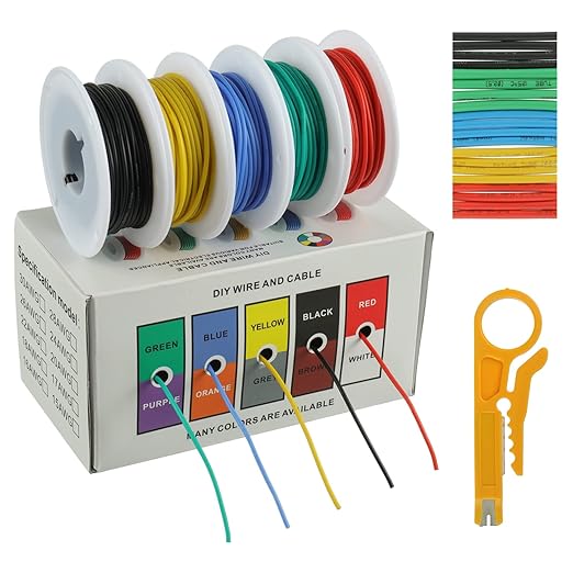 BOJACK 26 AWG Flexible Silicone Wire Electric Wire Hook up Wire Kit 300V Cables with Plus 20 φ3mm Heat Shrink Tubings and a Mini Wire Stripper(5 Colors 32.81Ft Each Color, 26AWG)
