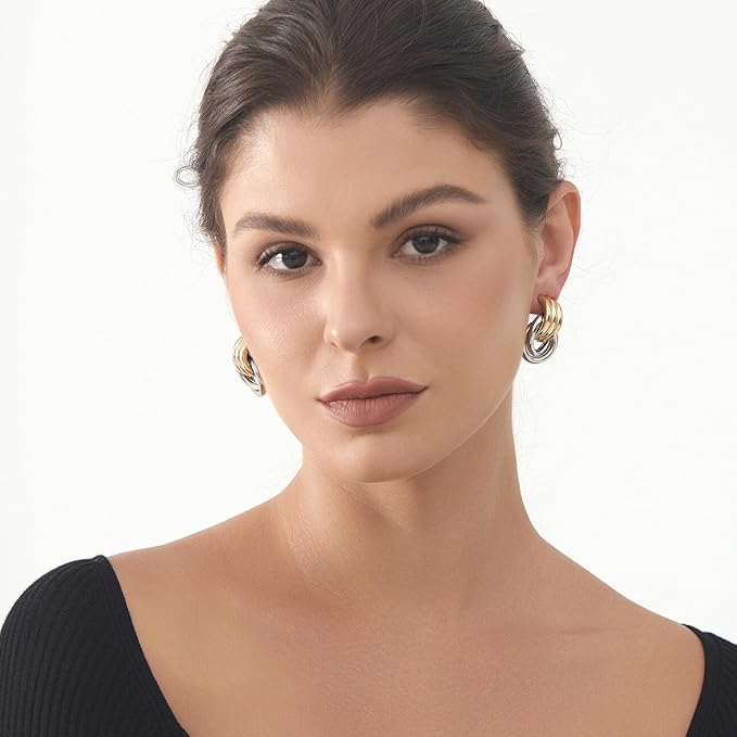 Circle Knot Link Earrings for Women, Silver and Yellow Drop Dangle Geometric Knot Studs, Women's Jewelry L Size