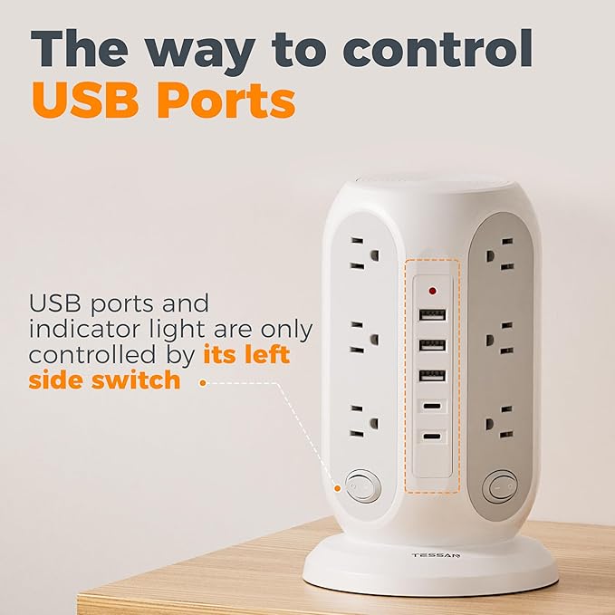 TESSAN Tower Power Strip with Individual Switches, Surge Protector with 12 Outlets, 5 USB Ports(2 USB C), Flat Extension Cord 10 Ft, Flat Plug, Charging Station for Multiple Devices, for Office, Dorm