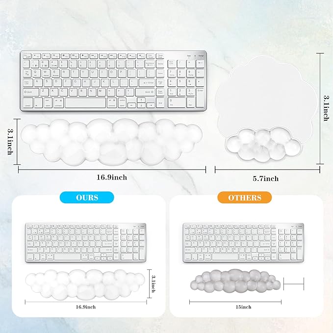 Gel Cloud Keyboard and Mouse Wrist Rest, Cute Wrist Support and Arm Support Rest for Typing Pain Relief，Suitable for Office/Computer/Laptop/Gaming Set-White