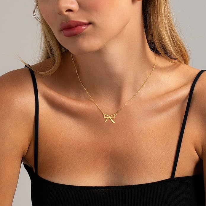 Valentines Day Gifts for Her - Dainty Bow Necklace for Women 14K Gold Plated Cute Choker Small Pendant Charm Necklaces Teen Gift Trendy Stuff Personalized Jewelry