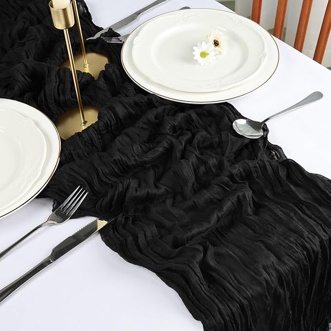 12 Pack Black Table Runner Cheesecloth 10FT Boho Cheese Cloth Table Runner Gauze Fabric 120 Inch Rustic for Wedding Birthday Party Baby Shower Centerpiece Home Decorations