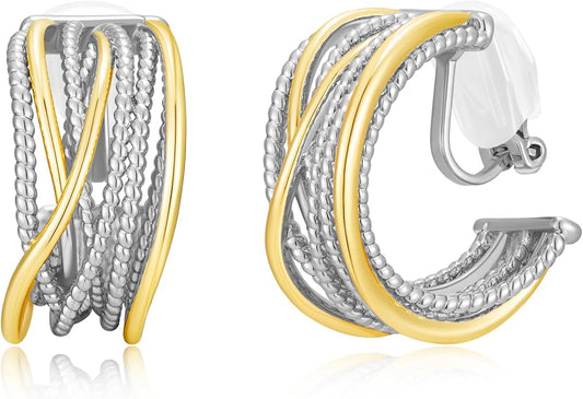 Gold and Silver Mixed Metal Clip-On Earrings Two Tone Clip-On Earrings Chunky Twist Open Hoops Earring Fashion Jewelry
