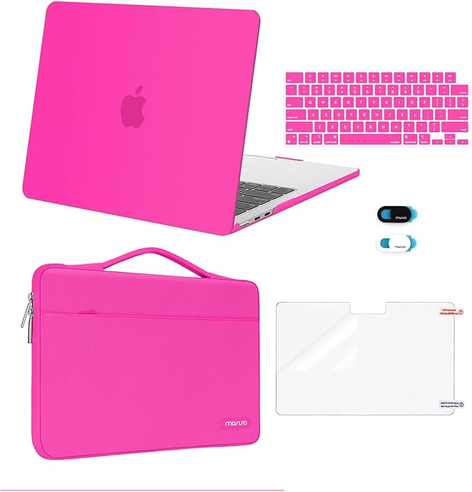 MOSISO Compatible with MacBook Air 13 inch Case 2025 2024 2023 2022 M4 A3240 M3 A3113 M2 A2681, Hard Shell&Sleeve Bag&Keyboard Skin&Webcam Cover&Screen Film for MacBook Air 13.6 inch, Bright Rose