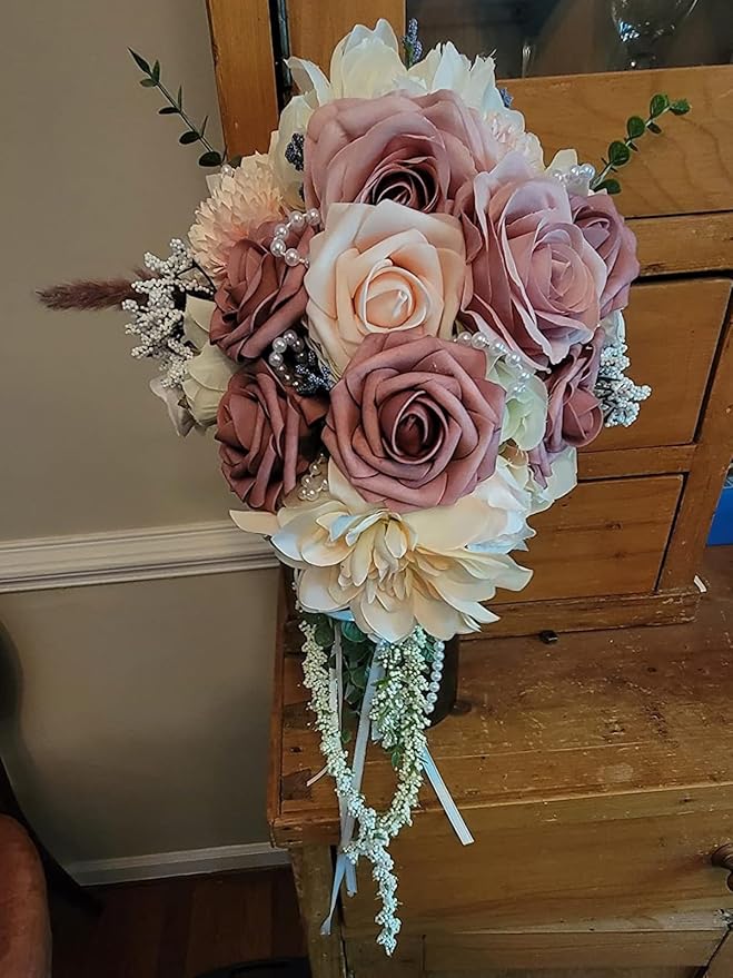 Roses Artificial Flowers Dusty Pink Bouquet Box Set Fake Flower for DIY Bridal Wedding Shower Decorations Faux Silk Floral Arrangements for Party Table Centerpieces Home Decor Indoor Blush