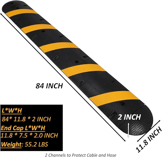 Heavy Duty Speed Bumps for Driveway, 84" Rubber Speed Bumps, 1 Pack 2 Channel Modular Traffic Speed Bump Hump Cable Protector Ramps for Asphalt Concrete Gravel Driveway Road with 2 End Caps, 6 Spikes