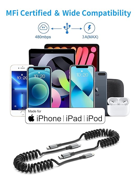 Coiled USB C to Lightning Cable 2 Pack, [MFi Certified] Retractable USB C iPhone Charger PD Fast Charging for Car, Short Type C to Apple CarPlay Cord for iPhone 14 13 12 11 Pro Max XR XS 8 SE iPad