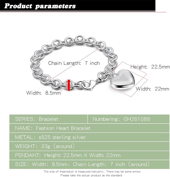 Dankadi Women 925 Sterling Silver Round Cable Wire Link Bracelet Charm Heart-Bell-Square-Circle Pendant Chain Bangle Fine Jewelry Gift For Wife Her