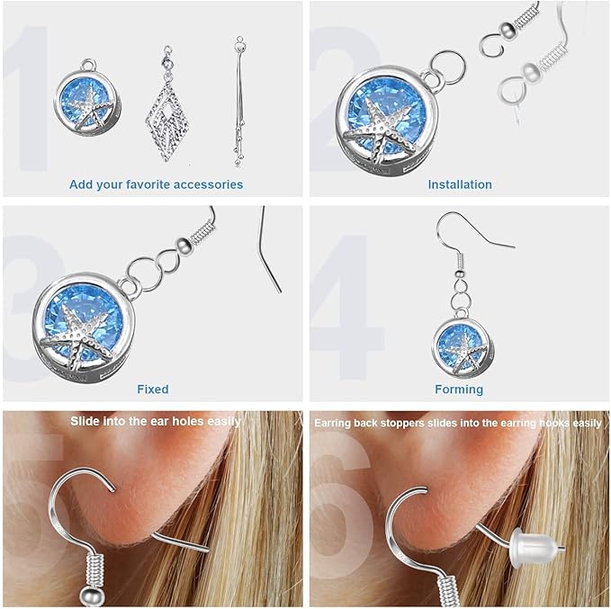 925 Sterling Silver Earring Hooks, 750PCS Earring Hooks Kit 250PCS/125Pairs Hypoallergenic Ear Wires with 250PCS Silver Open Jump Rings and 250PCS Rubber Backs Earwire for Jewelry Making