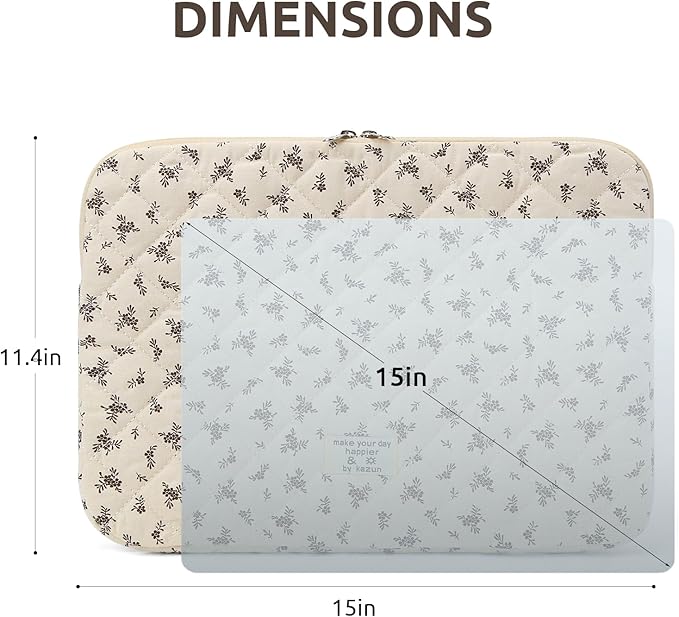Puffy Laptop Sleeve 13-15.6 Inch Cute Quilted Laptop Protective Case Padded Floral Computer Sleeve for MacBook (A-Black, 15 Inch)