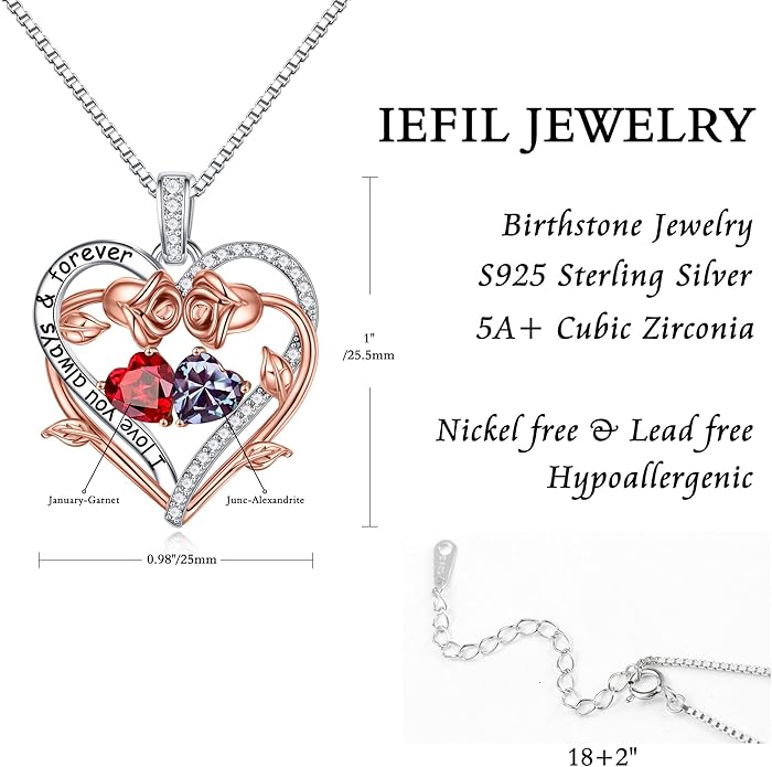 Iefil Valentines Gifts for Her Wife Women - Rose Heart Double Birthstone Necklace Gift for Wife Girlfriend Her Women, Birthstone Jewelry Gemstone Birthday Gifts for Mom Grandma Her