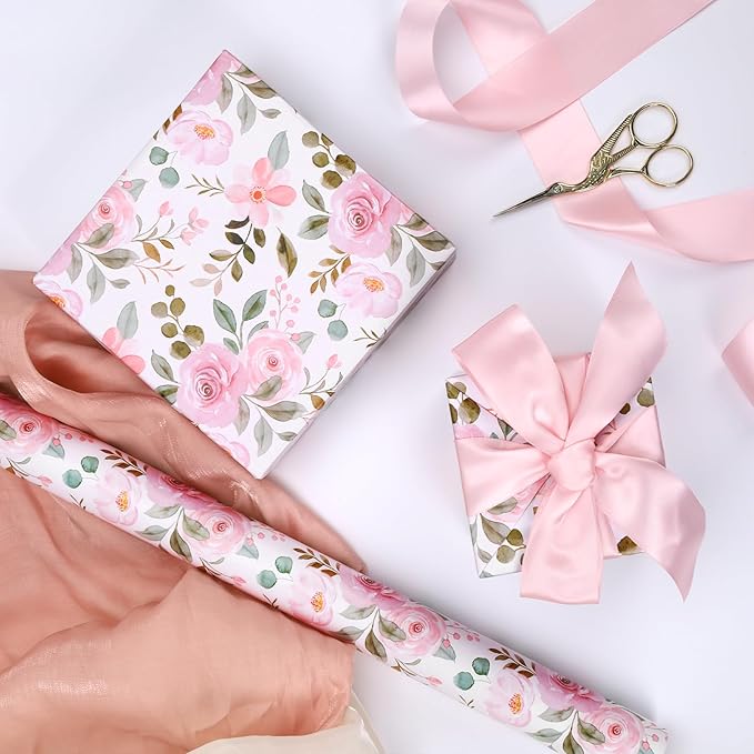 BIOBROWN Reversible Floral Wrapping Paper Roll - 30 Inches X 33 Feet (82.5 sq. ft. ttl.) Pink Watercolor Roses Design Flower Gift Wrap for Wedding, Bridal Shower, Mother's Day