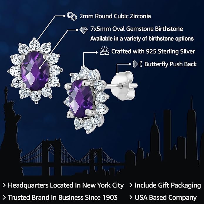 Gem Stone King 7X5MM Oval Gemstone Birthstone Stud Earrings For Women | Princess Diana Royal Halo Style | 925 Sterling Silver | Fine Jewelry Gifts for Anniversary Wedding Her Mom Women Wife