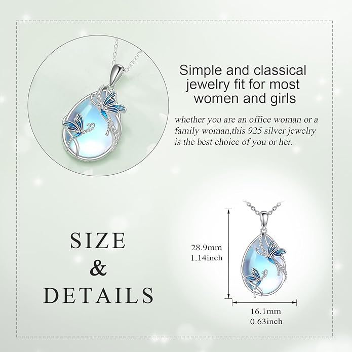 KQF Dragonfly/Butterlfy/Cat/Jellyfish/Bunny/Axolotl/Bee/Mermaid/Hummingbird/Elephant Necklace for Women Sterling Silver Moonstone Pendant Necklace Dragonfly Jewelry Gifts for Women