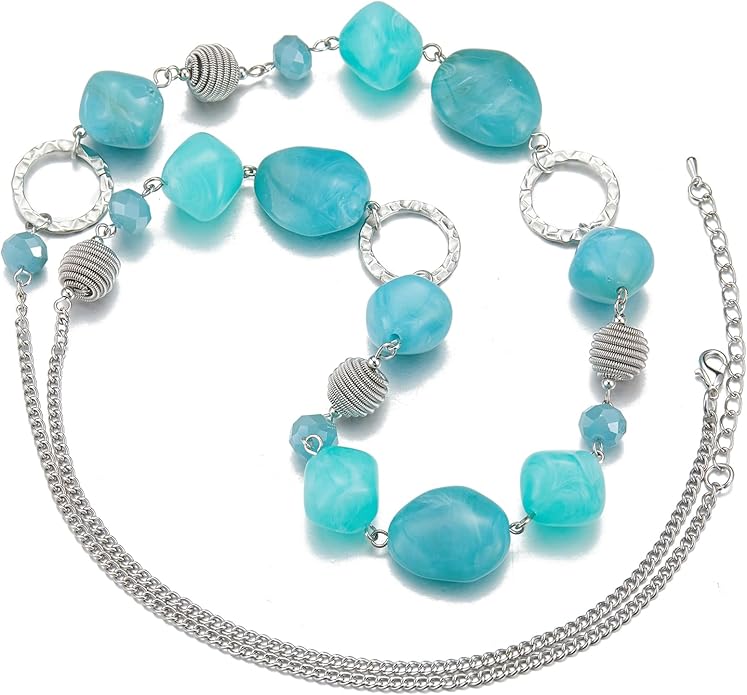 BULINLIN Beaded Long Necklace for Women Silver Sweater Chain Necklace with Crystal Resin Beads, Fashion Jewelry Necklace