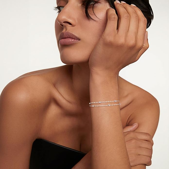 IEFWELL S925 Sterling Silver Bracelet for Women - 1.5mm Singapore Chain Bracelet, Dainty Double Strand Satellite Bead Bracelets, 6.5/7/7.5/8/8.5/9 Inches Jewelry Gifts for Women Her