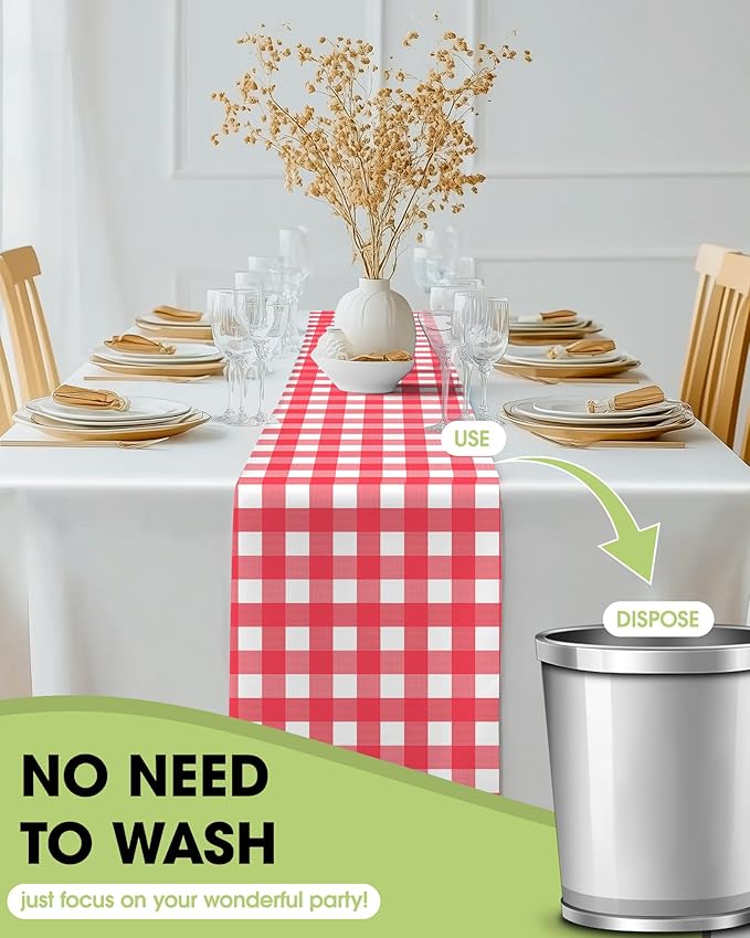 Pureegg Gingham Plastic Table Runners - 12 Pack, 14'' x 108'', Water Resistant & Disposable Plaid Centerpiece Decorations for Table Cloth, Birthday, Holiday, Party, Red and White Checkered Home Decor