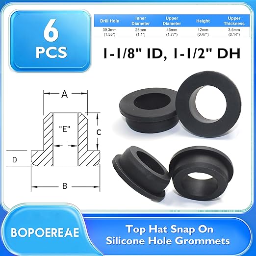 6 Pcs 1-1/2" Drill Hole, 1-1/8" ID Silicone Rubber Grommets for Wiring, Firewall Hole Plug, Top Hat Grommets for Vinyl Tubing in Hydroponic and Irrigation Systems Metal Wall Drywall