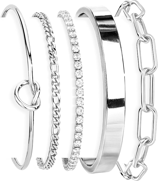 Gold Bracelets Set for Women Non Tarnish, 14K Gold Plated Sterling Silver Chunky Cuff Bracelet Stackable Gold Bangles Bracelet for Women Trendy Fashion Accessories Tie Knot Cuban Rope Paperclip Beaded Bracelet Stack Jewelry Valentines Day Gifts