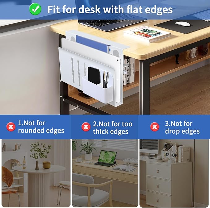LUKETURE Laptop Holder, Steel Desk Side Storage, No Drill Standing Desk Accessories, Clamp on Laptop Mount with Pen Holder, Fits Flat Edge Tables 0.3" to 2.8" (White, M(1 Tier))