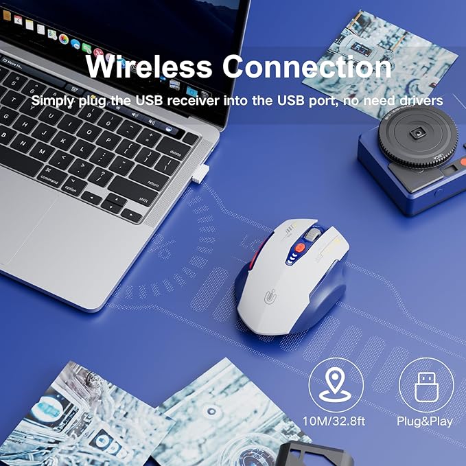 Wireless Mouse, [Upgraded] Visible Battery Display，Rechargeable Laptop Mouse Wireless 2.4G USB, 4 Adjustable DPI Levels,Optical Mouse Wireless for Laptop PC Computer,White and Blue