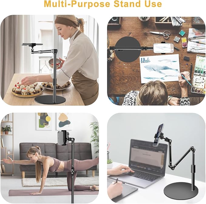 Overhead Phone Mount for Desk, 17" Long Arm Adjustable iPhone Holder, Heavy Duty Rotatable Stand for Video Recording, Live Streaming, Crafting, Cooking