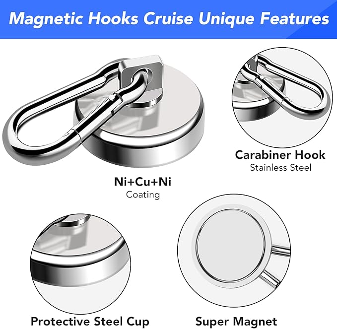 LOVIMAG Strong Magnetic Hooks, 70LBS Heavy Duty Magnet Hooks Strong Neodymium Magnets with Carabiner Hook, Hook Magnets with Swivel for Hanging, Cruise, Grill, Kitchen, Refrigerator - 12 Pack