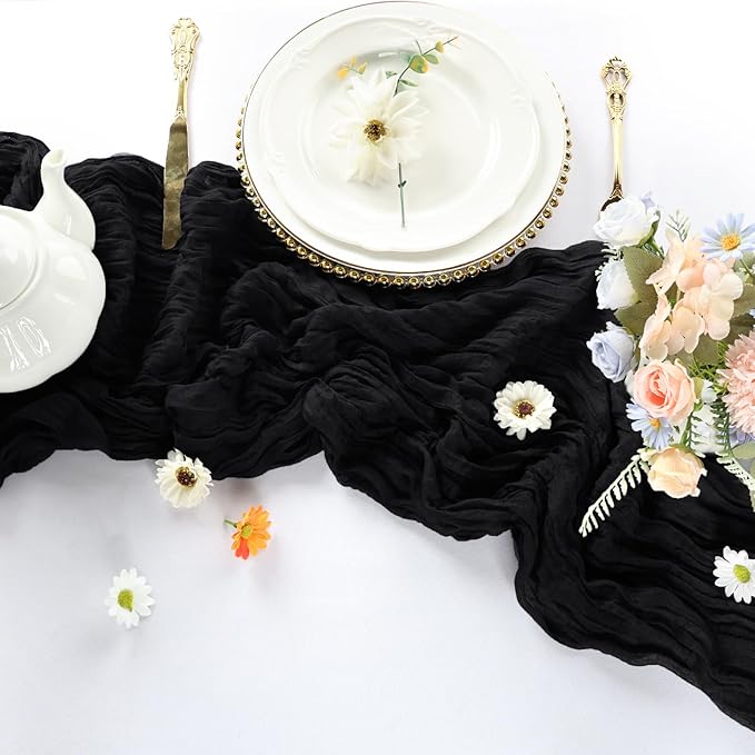 12 Pack Black Table Runner Cheesecloth 10FT Boho Cheese Cloth Table Runner Gauze Fabric 120 Inch Rustic for Wedding Birthday Party Baby Shower Centerpiece Home Decorations