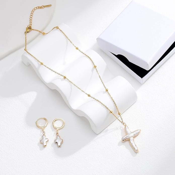 Nature Freshwater Pearl Cross Necklace Earring for Women, Gold Big Cross Pearl Necklace,Baroque Earrings (Gold)