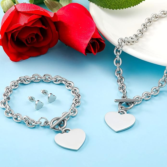 Bucherry 3 Pcs Heart Jewelry Set Bow Snowflake Jewelry Heart Pendant Chain Toggle Necklace with Bracelet Earrings Snowflake Stainless Steel Link Chain for Women Gift
