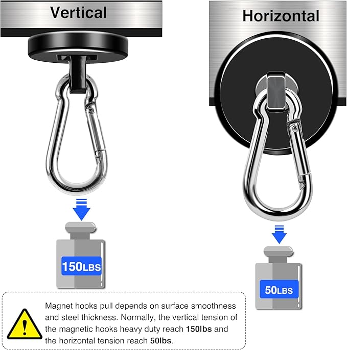 LOVIMAG Magnetic Hooks, 150LBS Strong Magnet Hooks Black Swivel Magnetic Hook Heavy Duty for Refrigerator, Neodymium Magnets with Carabiner Hook for Hanging, Kitchen, Cruise Cabins, Grill-6 Pack