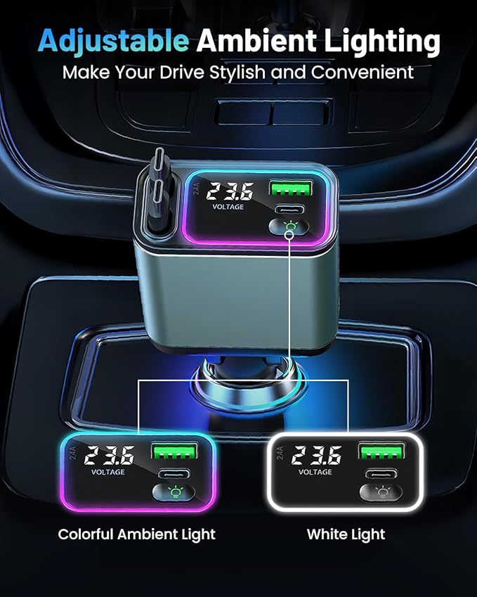 [2 Pack] 4 in 1 Retractable Car Charger with RGB Light, 92W Fast Charging Dual USB C Car Adapter, Compact Car Phone Charger for iPhone/Galaxy/Pixel, Road Trip Essentials (Dual Type C Cable)