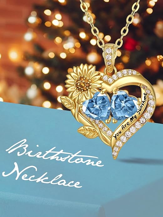 Sunflower Heart Necklace for Women 14K Gold Exquisite Valentines Day Anniversary Birthday Gifts for Wife Mother Her Double Birthstone Pendant Jewelry‘You Are My Sunshine’