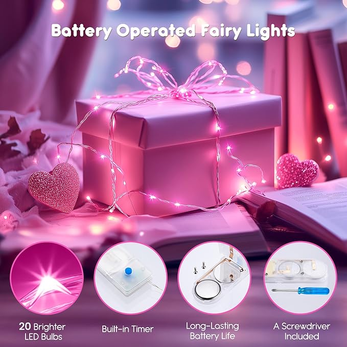 Minetom 6 Pack Fairy Lights Battery Operated String Lights with Timer - 7ft 20 LED Waterproof Silver Wire Firefly Lights for Valentine’s Day Decor DIY Crafts Wedding Table Centerpieces, Pink