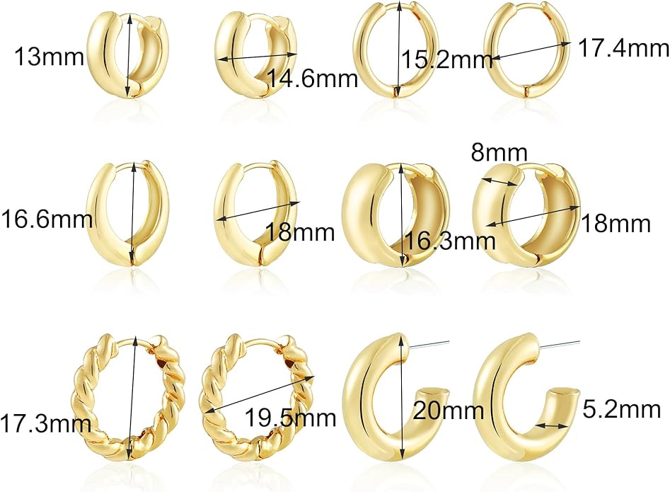 Wgoud 6 Pairs Gold Hoop Earrings Set for Women, 14K Gold Plated Hypoallergenic Lightweight Chunky Open Huggie Hoops Earrings Jewelry for Gifts.