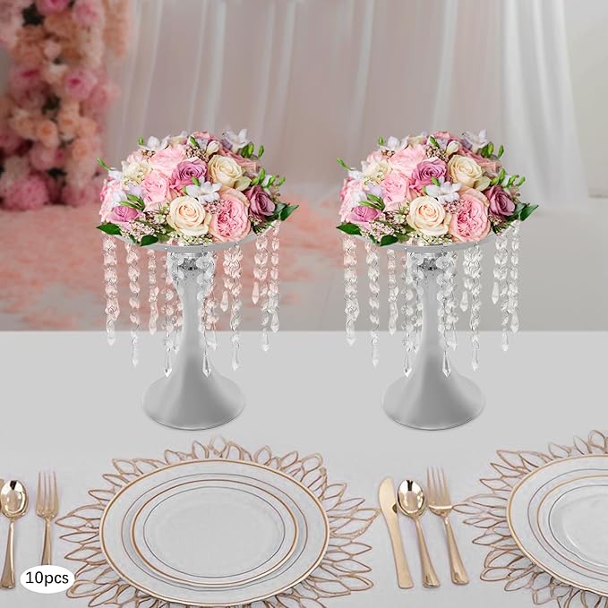 Wedding Centerpieces Sliver Vases,10PCS Metal Flower Candle Holder with Sparkling Crystal Beads,Crystal Flower Vase Metal Flowers Stand for Party Tables Decorations