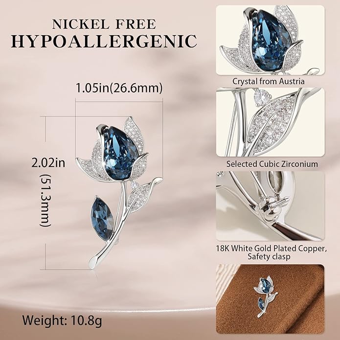 Richapex Elegant Crystal Tulip Rose Brooch Pin,Cubic Zirconia Fashion Crystal Jewelry Women's Brooch Pin