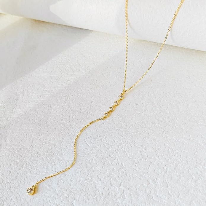 Gold Necklace for Women Trendy Lariat Y Necklace Dainty 14k Gold Plated/Silver Long Necklaces for Women Layered Beaded Drop Necklaces Simple Y-Shaped Chain Jewelry Gifts