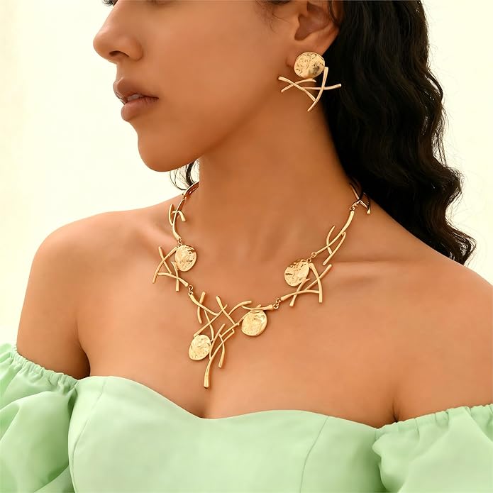 Retro Minimalist Geometric Choker And Necklace Sett For Women Chunky Jewelry Streetwear Jewelry Vintage Coin Medallion Collar Necklace And Earring Sets For Women