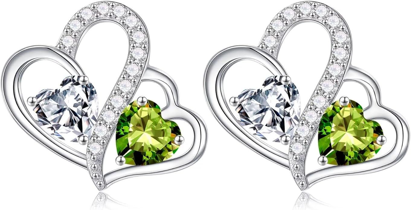 Iefil Valentines Day Gifts for Her - Birthstone Earrings Gift for Women, 925 Sterling Silver Double Heart Birthstone Earrings | Anniversary Birthday Gifts for Women, Personalized Jewelry for Wife Mom